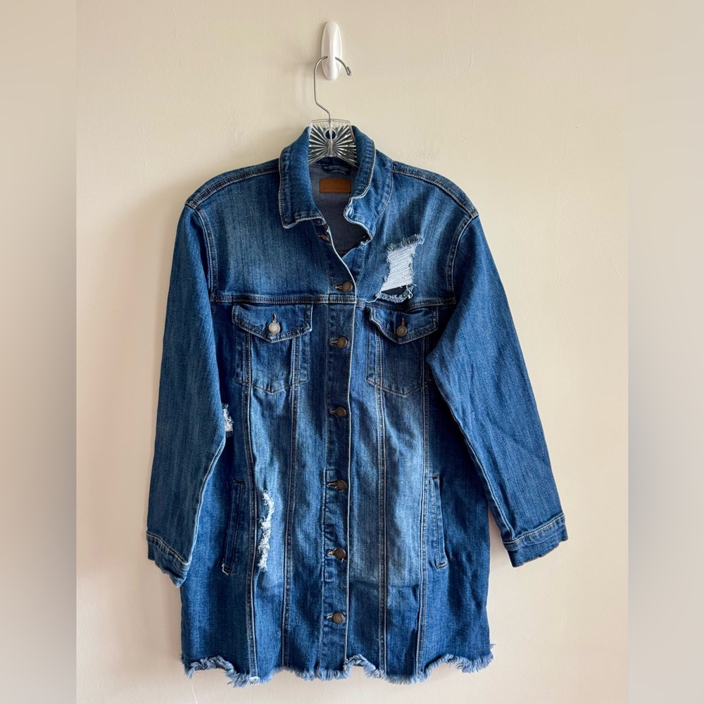Judy Blue Distressed Long Sleeve Button Down Stretchy Denim Mini Dress